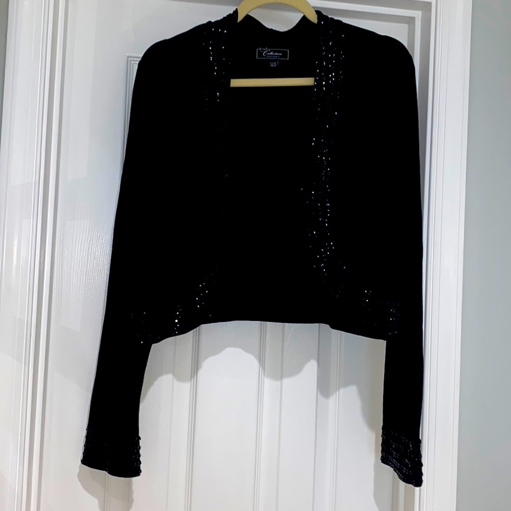 Black open front knit cardi / jacket with sequin trim